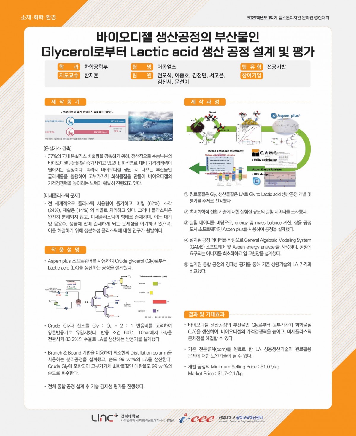 바이오디젤 생산공정의 부산물인 Glycerol로부터 Lactic acid 생산공정 설계 및 평가